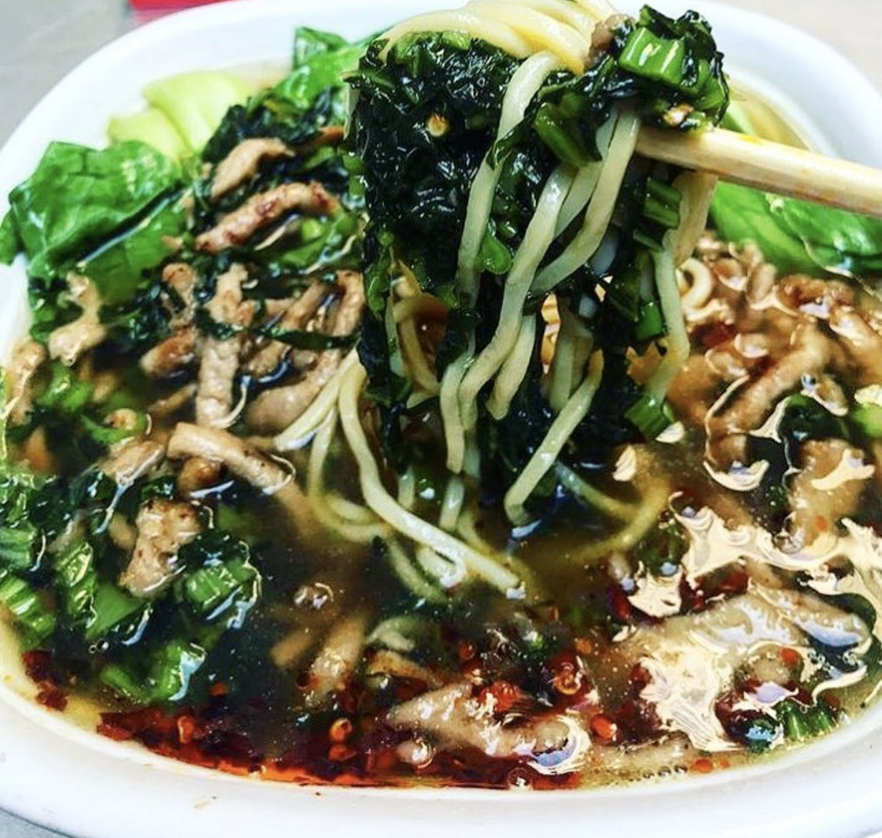 Order Shredded Pork with Pickled Mustard Green Noodle Soup food online from Tri Dim Shanghai store, New York on bringmethat.com