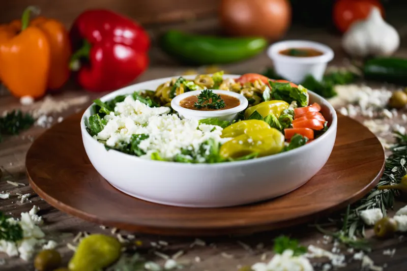 Order Greek Salad food online from Ski and Benny Pizza store, Anchorage on bringmethat.com