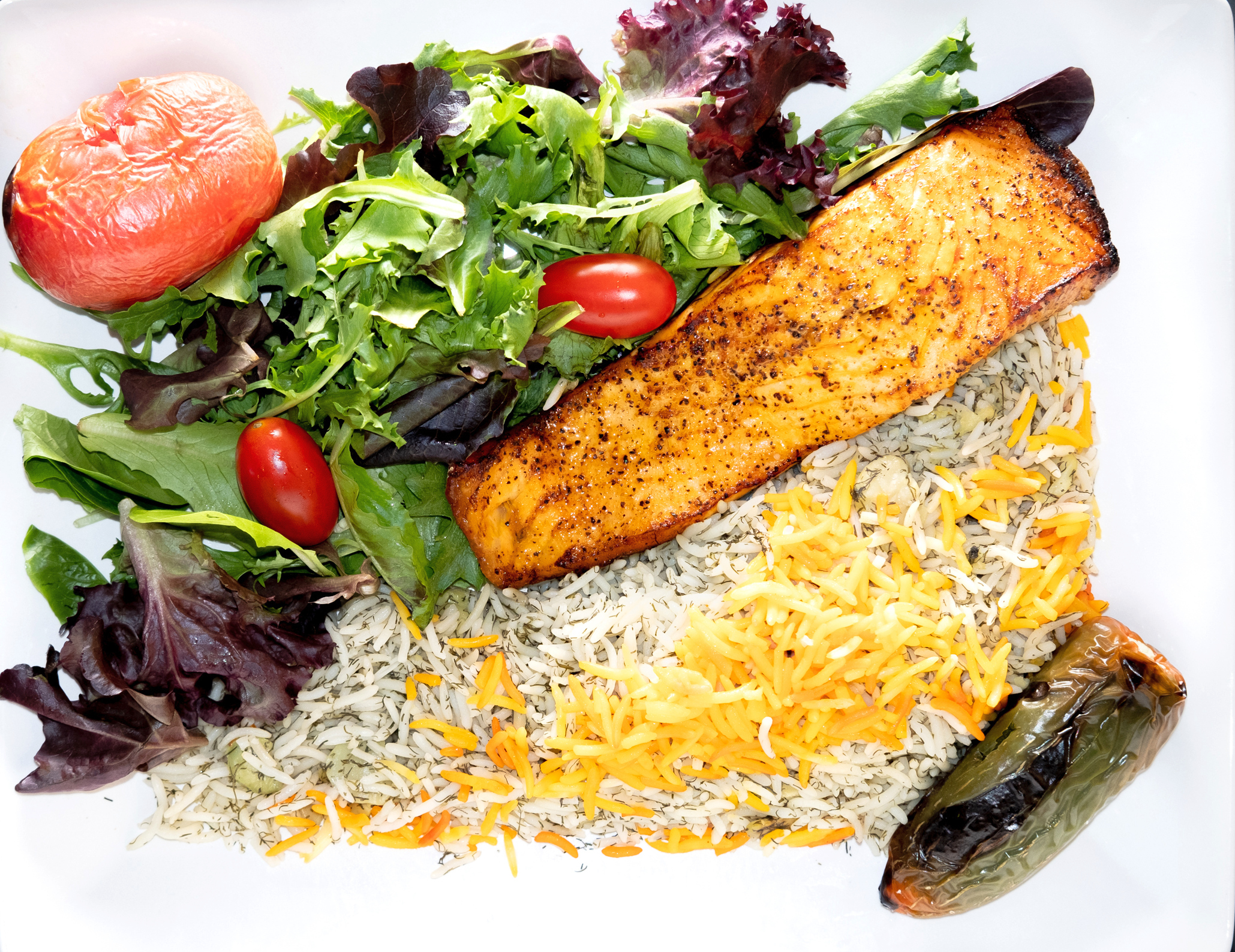 Order 4. Grilled Salmon Plate food online from Shayan Express store, Los Angeles on bringmethat.com