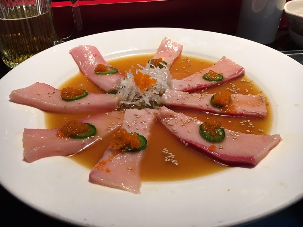 Order HS08. Yellowtail Carpaccio food online from Miyoda Sushi store, Redondo Beach on bringmethat.com