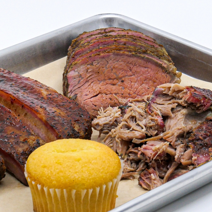 Order Three Meat Plate food online from Fat City Brew & Bbq store, Stockton on bringmethat.com