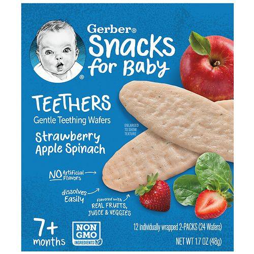 Order Gerber Snacks for Baby Gentle Teething Wafers Strawberry Apple Spinach - 0.14 oz x 12 pack food online from Walgreens store, FAIRBANKS on bringmethat.com
