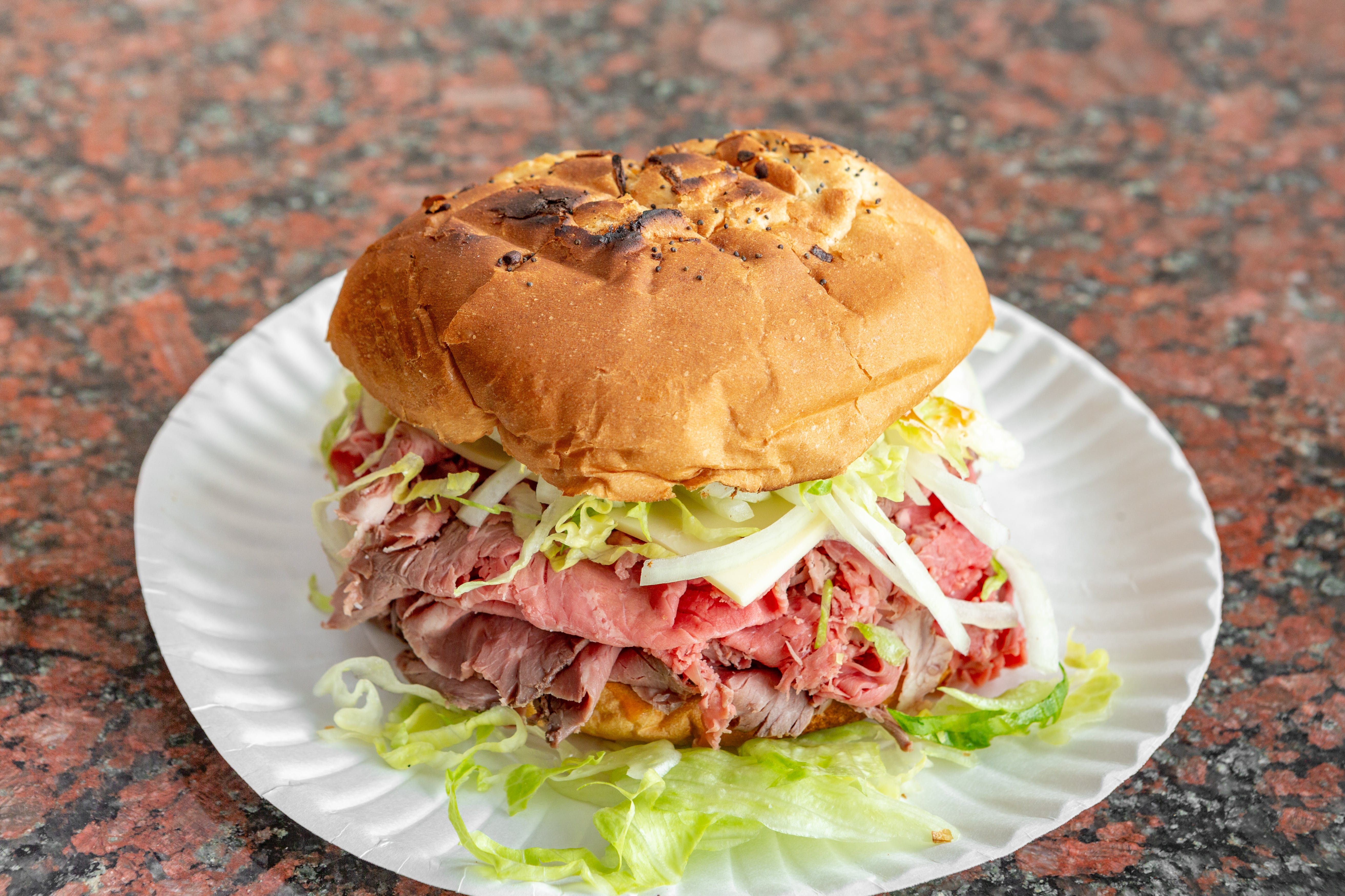 Order Super Roast Beef on Onion Sandwich - Sandwich food online from Theo's Pizzeria & Grill - Belmont store, Belmont on bringmethat.com