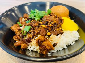 Order 3. Spicy Minced Pork Rice 麻辣滷肉飯 food online from BD Cafe store, Chino on bringmethat.com