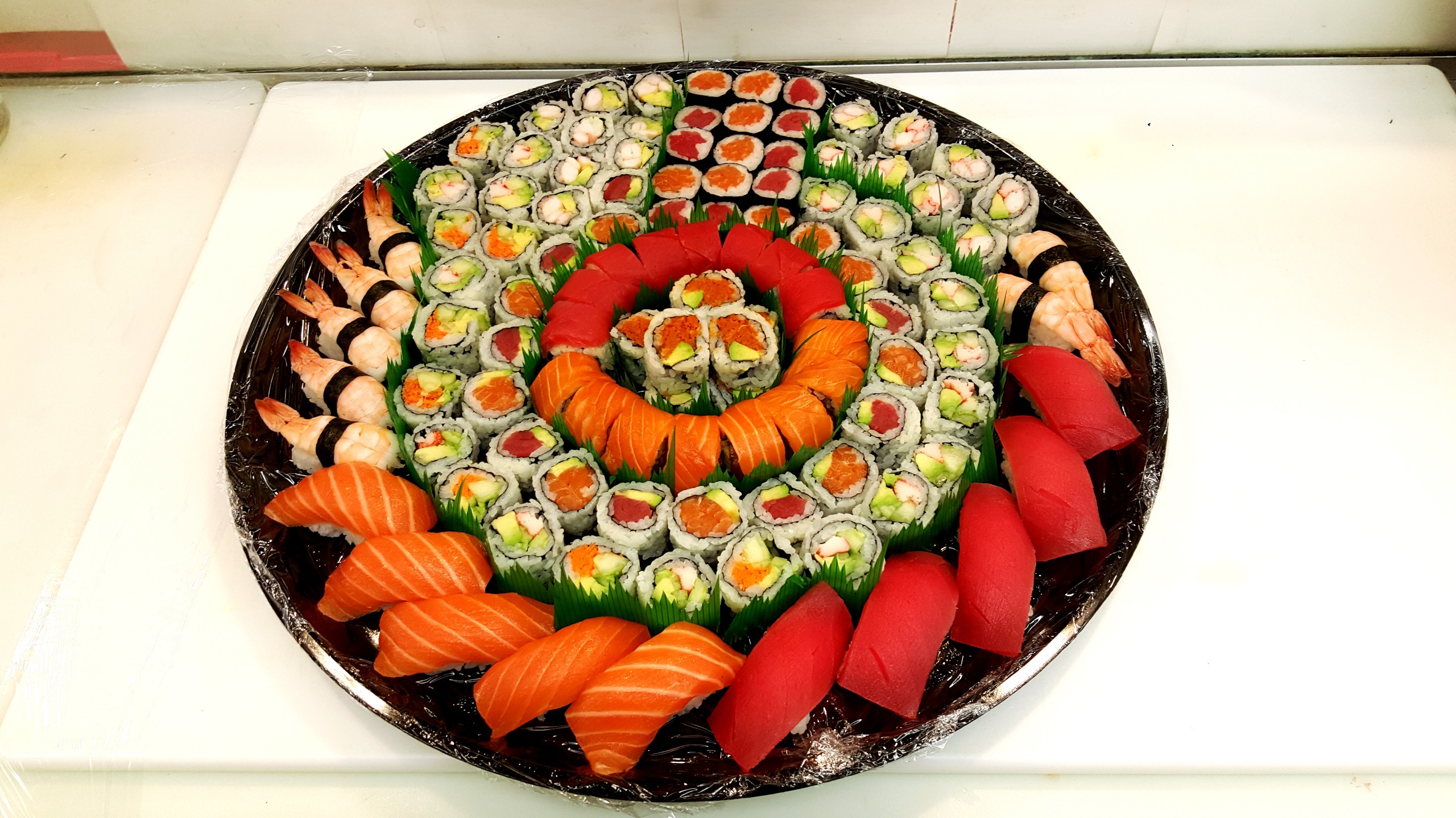 Order 18" Party Platter Roll and Sushi Combo (64 pcs) food online from Maroo Sushi and Poke store, Danbury on bringmethat.com