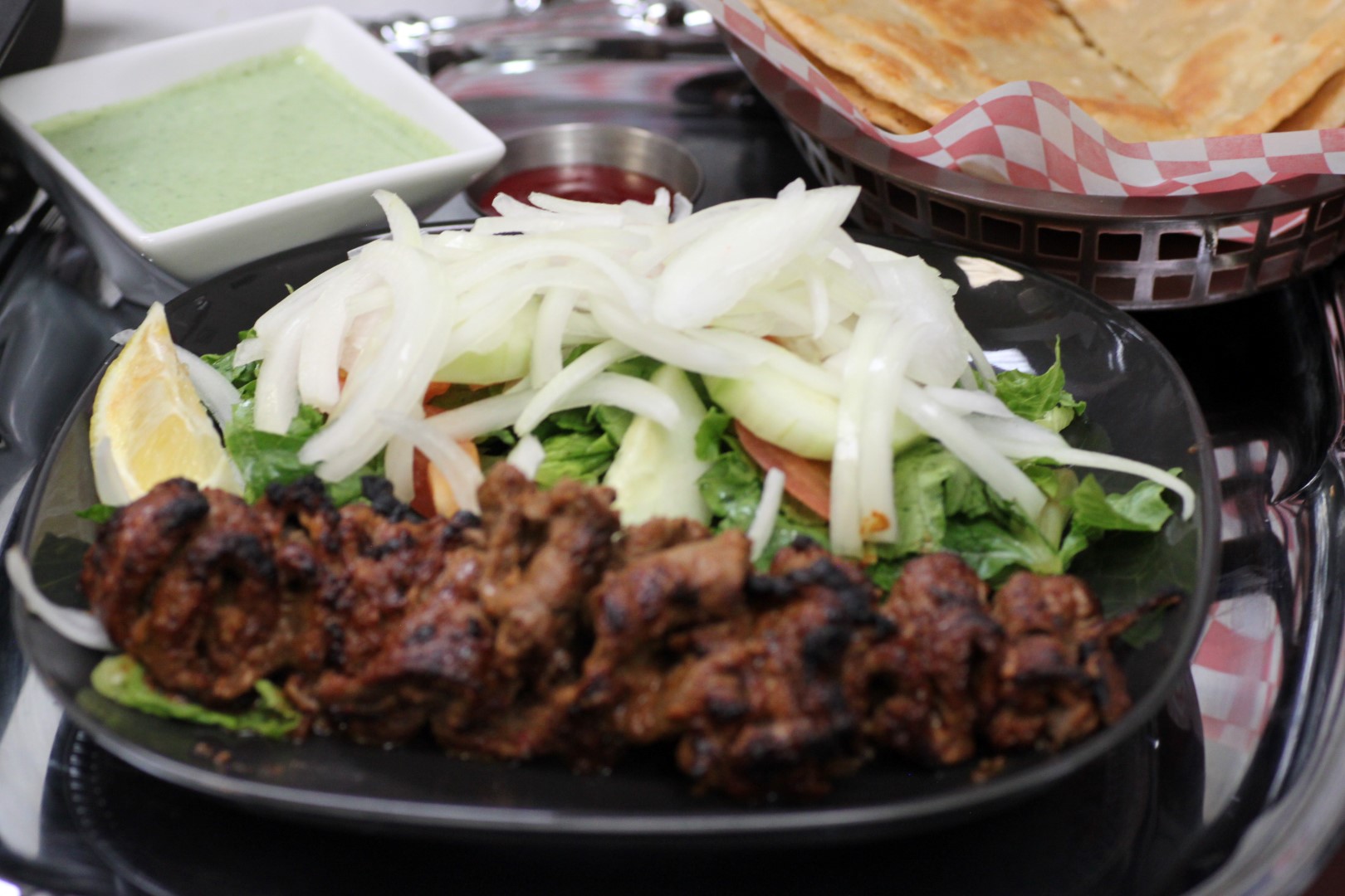 Order Bihari Kabob Platter food online from Lazeez Indian-Mediterranean Grill store, Las Vegas on bringmethat.com
