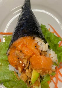 Order Crunchy Spicy Salmon Hand Roll food online from Asian Pot Express store, Lewisville on bringmethat.com