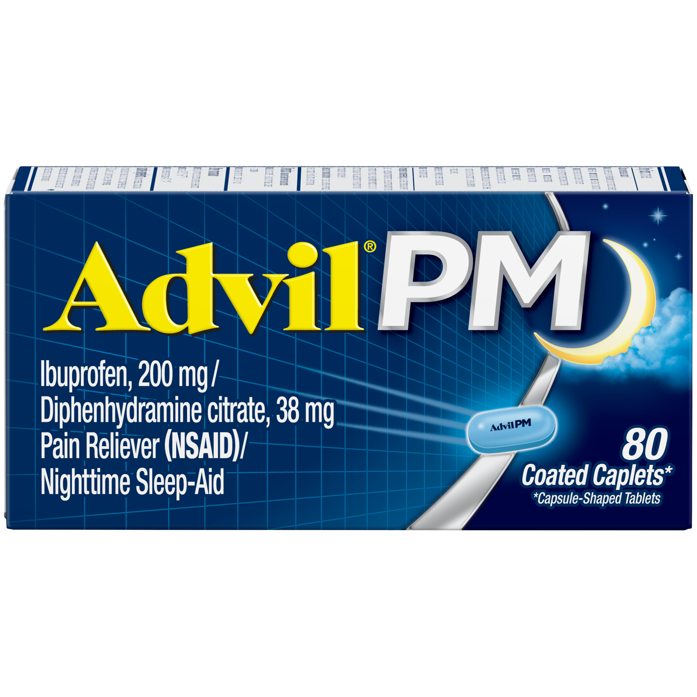 Order Advil PM Pain Reliever/Nighttime Sleep Aid Coated Caplet - 200mg, 80 ct food online from Rite Aid store, CORNING on bringmethat.com