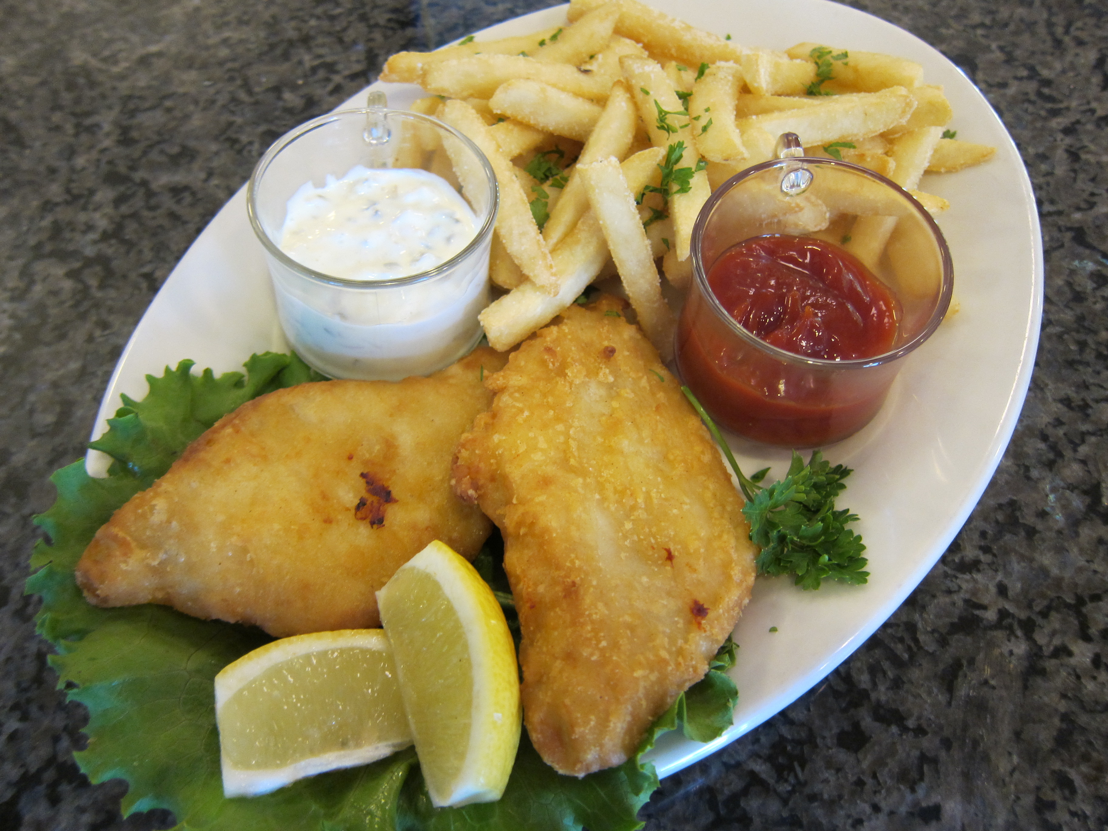 Order Pub Style Fish and Chips food online from Giuliano's Delicatessen and Bakery store, Torrance on bringmethat.com