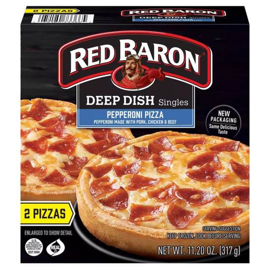 Order Red Baron Frozen Deep Dish Pepperoni Single Pizzas 2ct 11.2oz food online from Everyday Needs by Gopuff store, Stamford on bringmethat.com