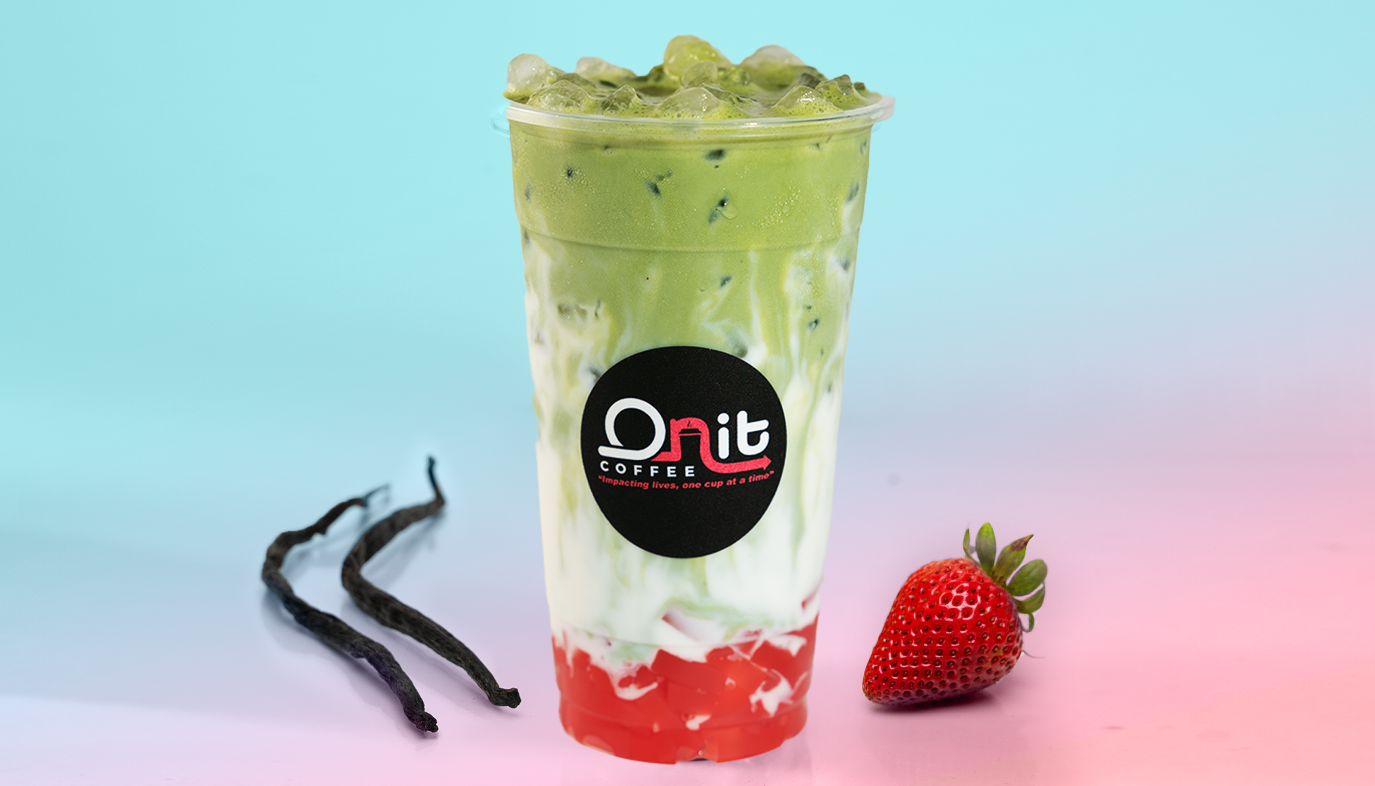 Order Vanilla Matcha Latte with Strawberry Jelly food online from Onit Coffee store, Elk Grove on bringmethat.com