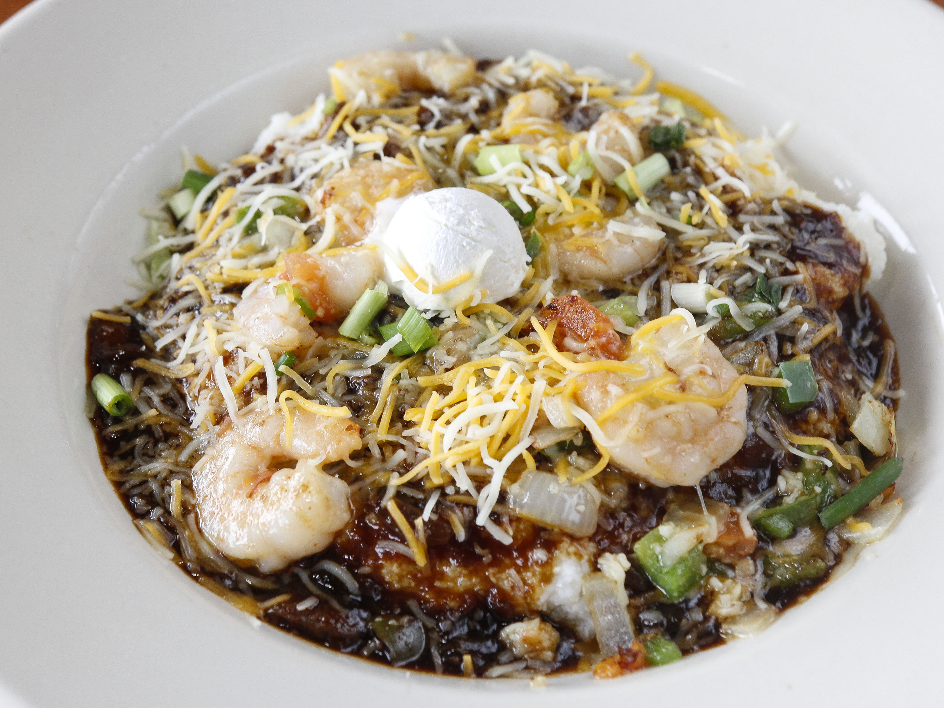 Order Shrimp and Savory Grits food online from Southfield Pancake House store, Southfield on bringmethat.com