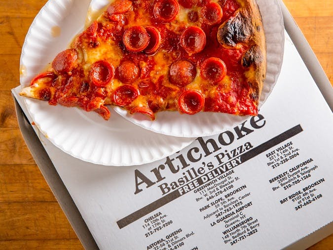 Order Pepperoni Pizza Slice - Slice food online from Artichoke Basille's Pizza store, New York on bringmethat.com