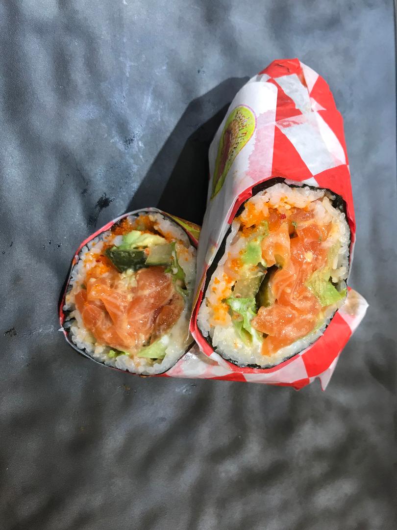 Order SB5. Spicy Salmon Sushi Burrito food online from Sushi Time store, Boston on bringmethat.com