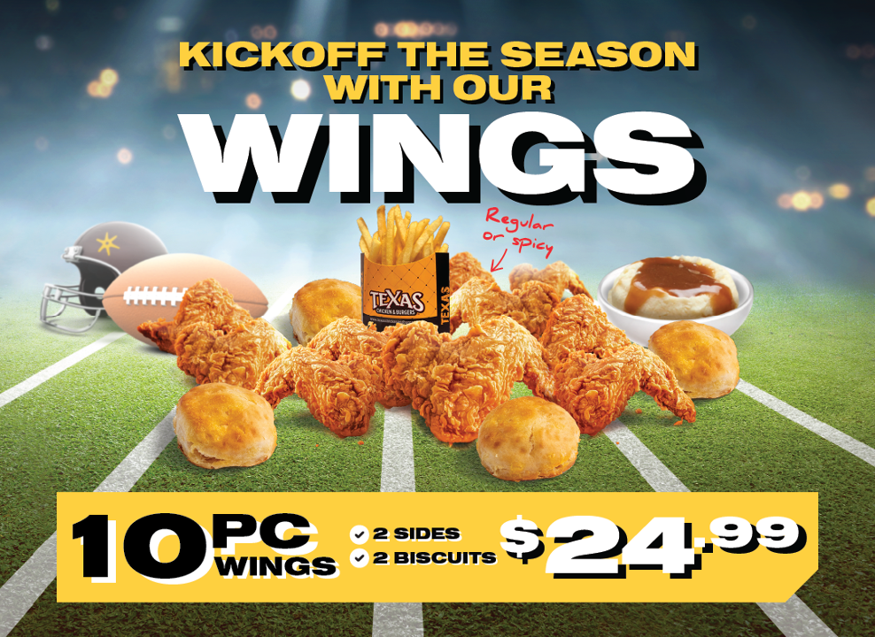 Order 10 PC Wings w/ 2 Sides & 4 Biscuits food online from Texas Chicken & Burgers store, Philadelphia on bringmethat.com
