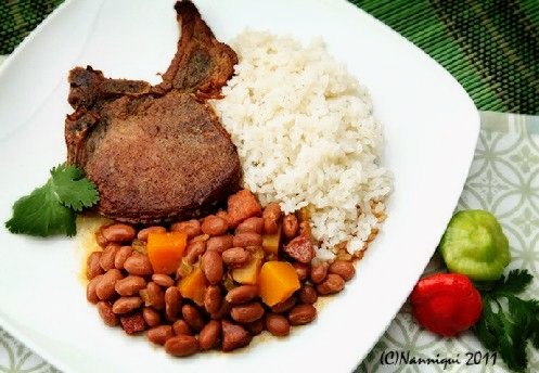 Order LUNCH White rice with /PORK CHOPS chuleta frita habichuela. food online from Oscar's Kitchen store, Bronx on bringmethat.com