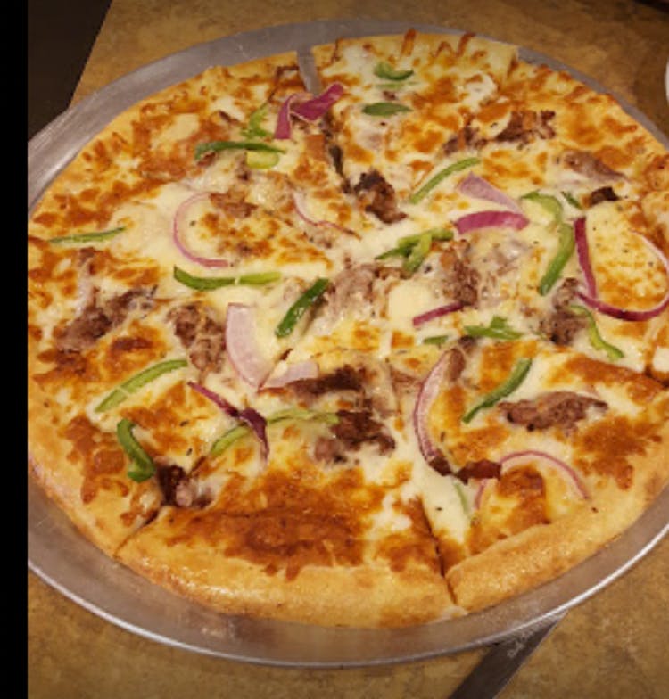 Order Philly Cheese Steak Pizza - 10" food online from Saucy's Pizzeria store, Hillsboro on bringmethat.com