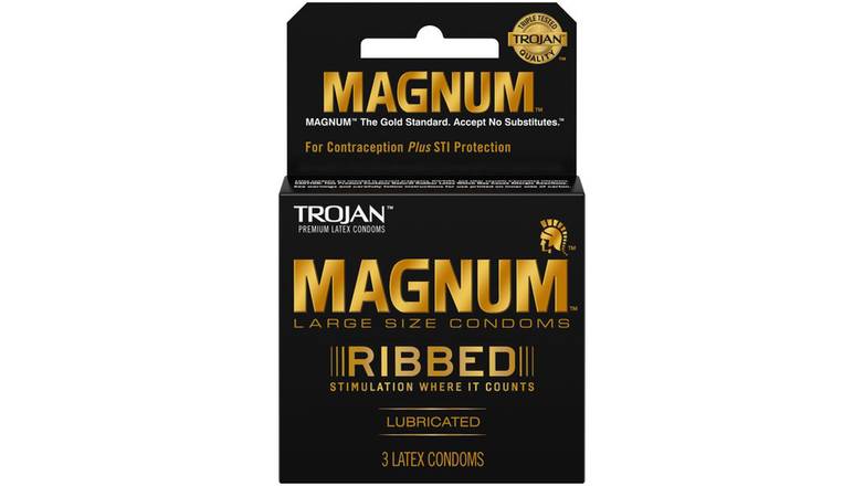 Order Trojan Magnum Ribbed Lubricated Latex Condom 3 Count food online from Trumbull Mobil store, Trumbull on bringmethat.com