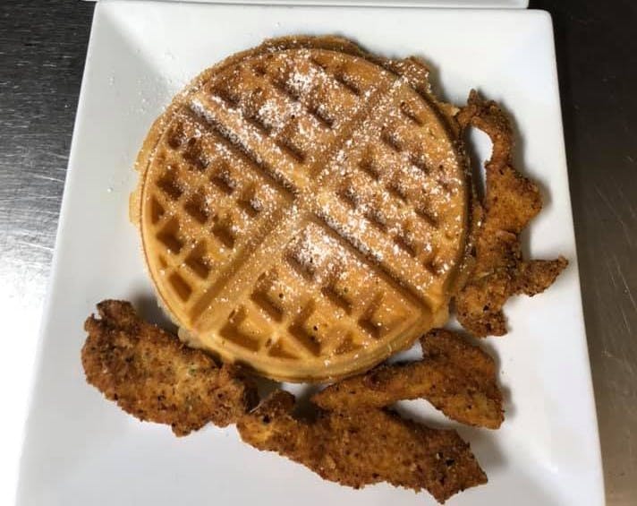 Order Belgian Waffle with Chicken Tenders - Waffle food online from Emely's Pizza Restaurant store, North Franklin on bringmethat.com