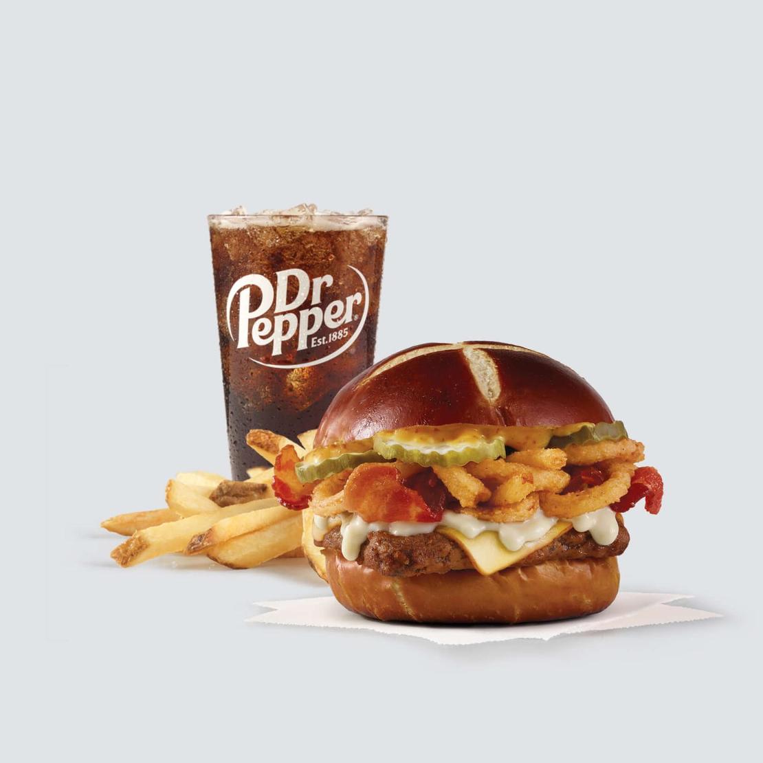 Order Pretzel Bacon Pub Cheeseburger Combo food online from Wendy's store, Conyers on bringmethat.com