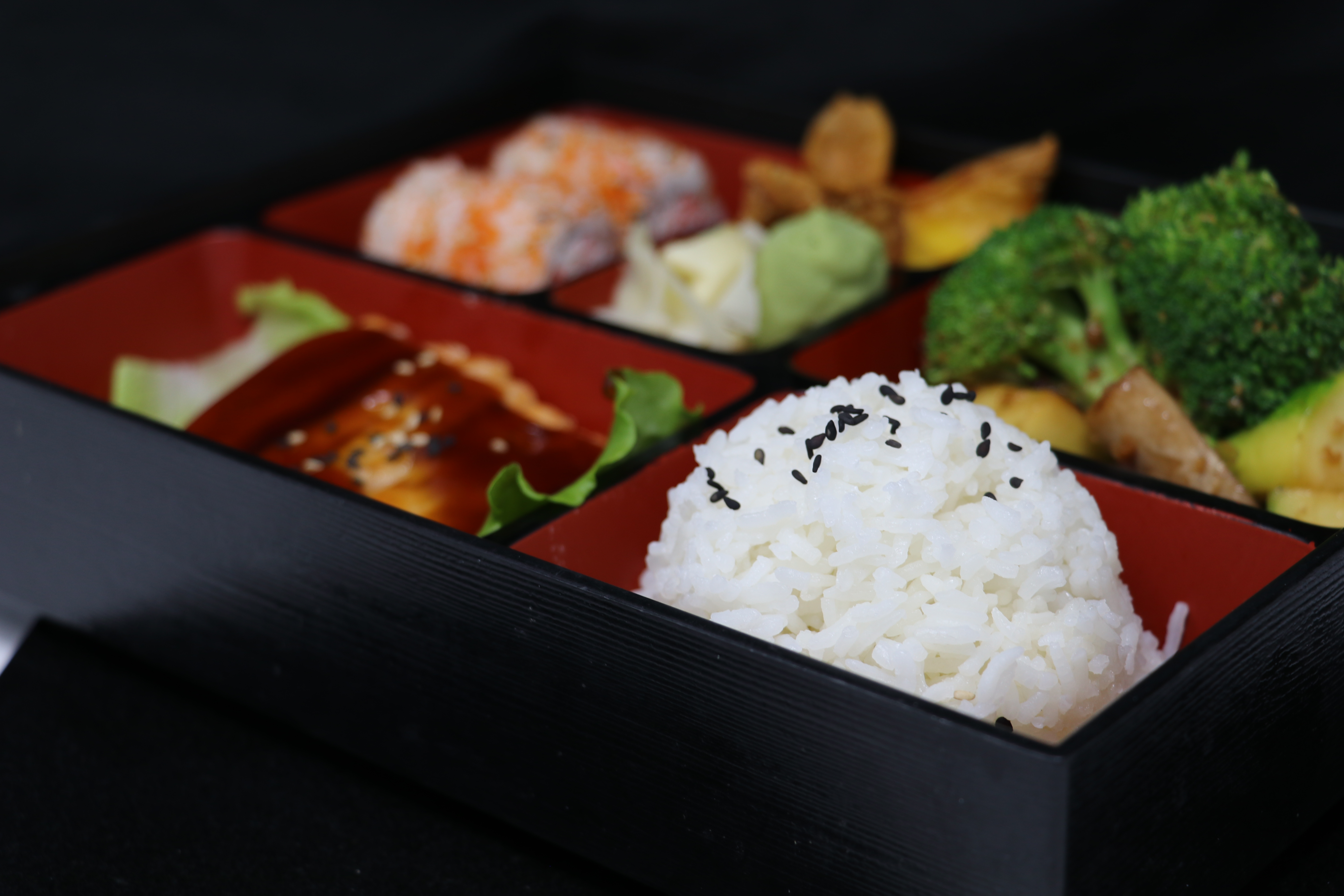 Order Teriyaki Salmon Bento Box Lunch food online from Sushi Sakura Express store, Houston on bringmethat.com