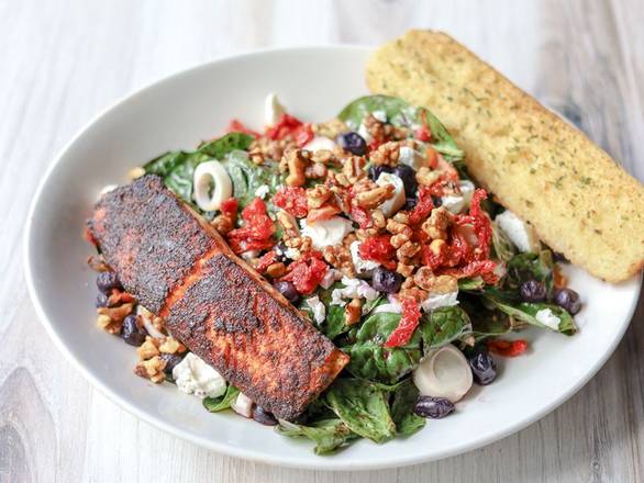 Order BLACKENED SALMON BLUEBERRY SPINACH SALAD food online from Black Walnut Cafe store, The Woodlands on bringmethat.com