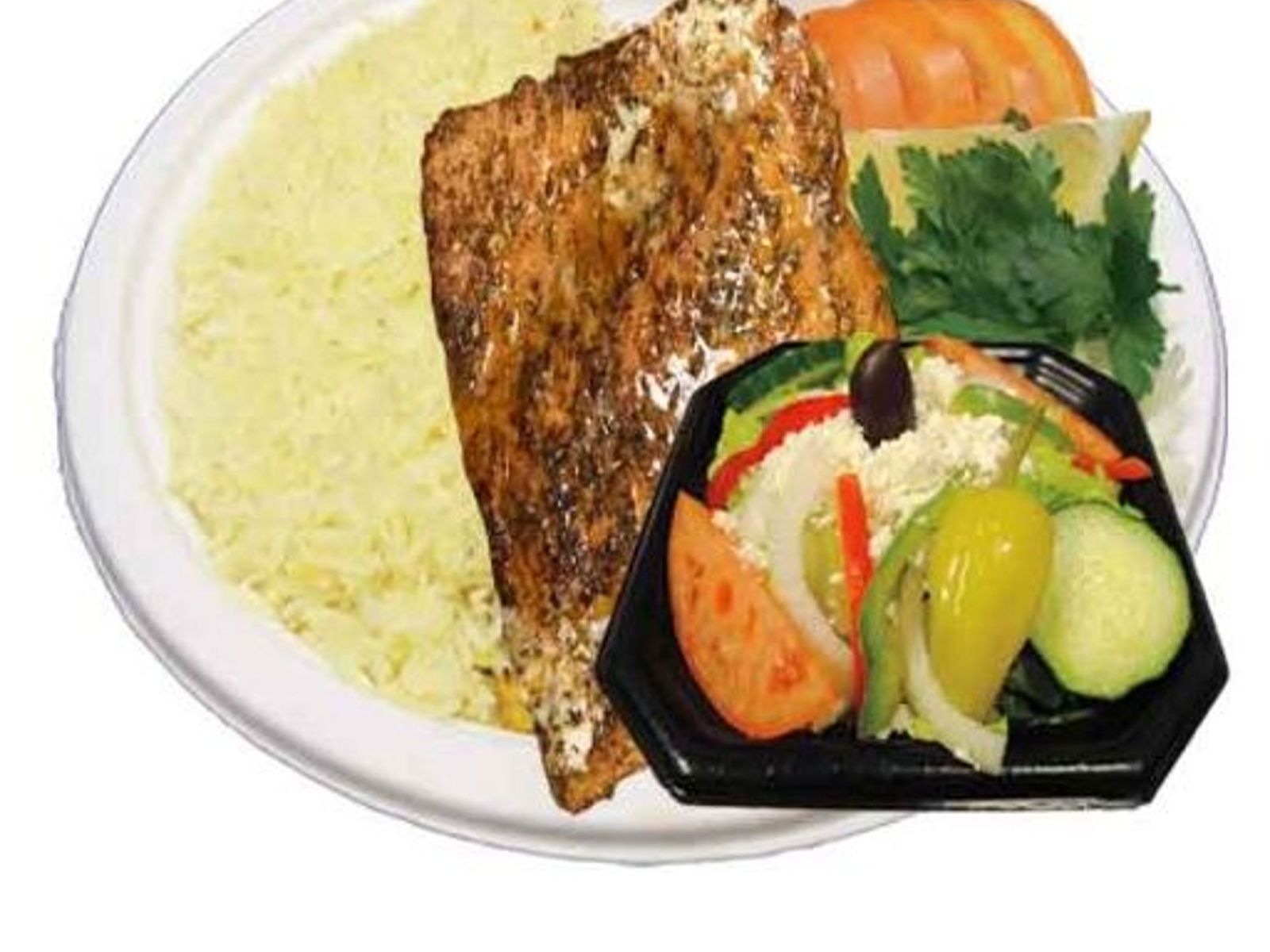 Order SALMON PLATE W/ SALAD food online from Olives Mediterranean Grill store, Phoenix on bringmethat.com