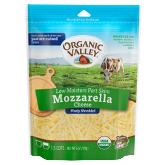 Order Organic Valley Part Skim Mozzarella Finely Shredded Cheese 6oz food online from Everyday Needs by Gopuff store, Lansdowne on bringmethat.com