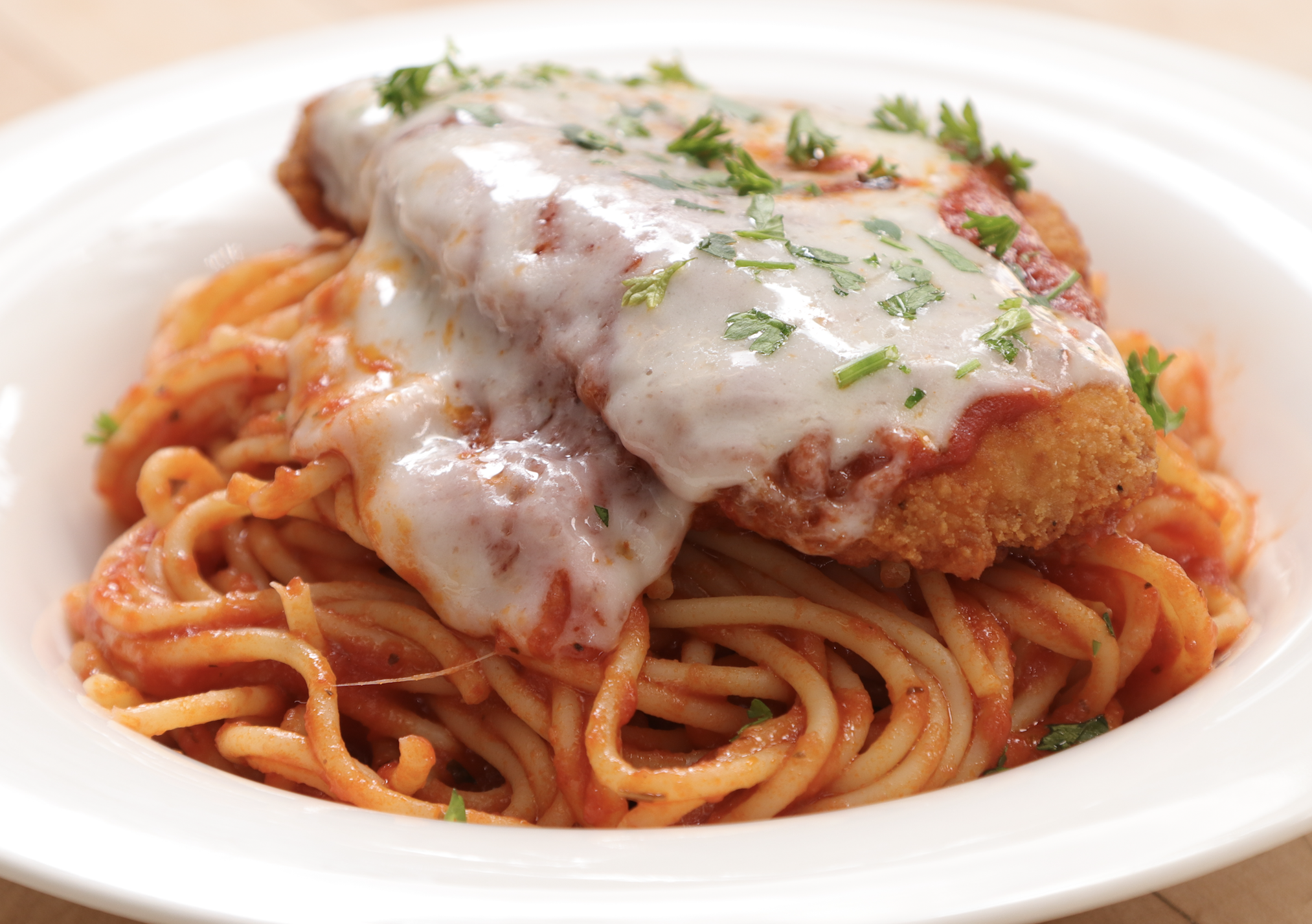 Order Chicken Parmigiana with Spaghetti food online from Ameci Pizza & Pasta store, Lake Forest on bringmethat.com