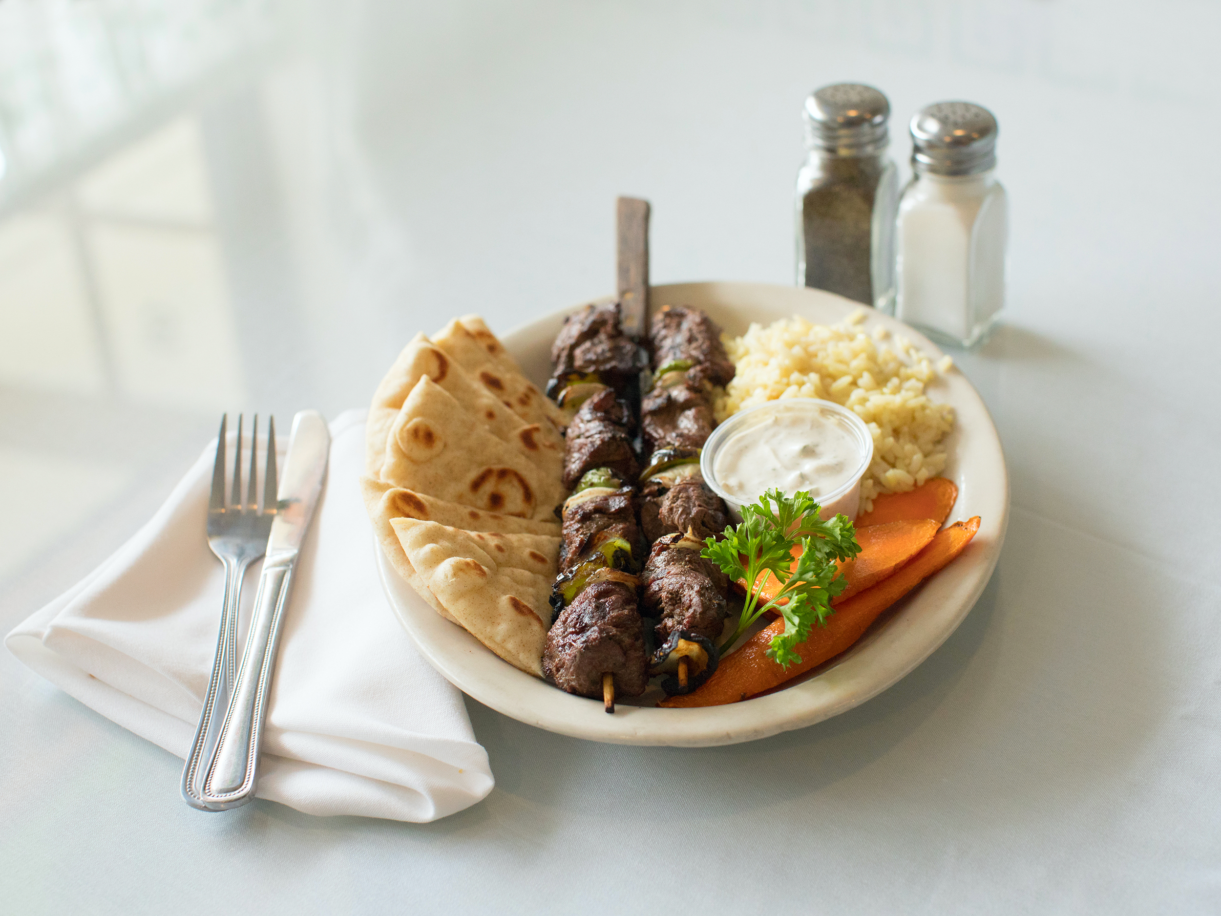 Order Beef Souvlaki Platter food online from Troy Greek Restaurant store, San Diego on bringmethat.com