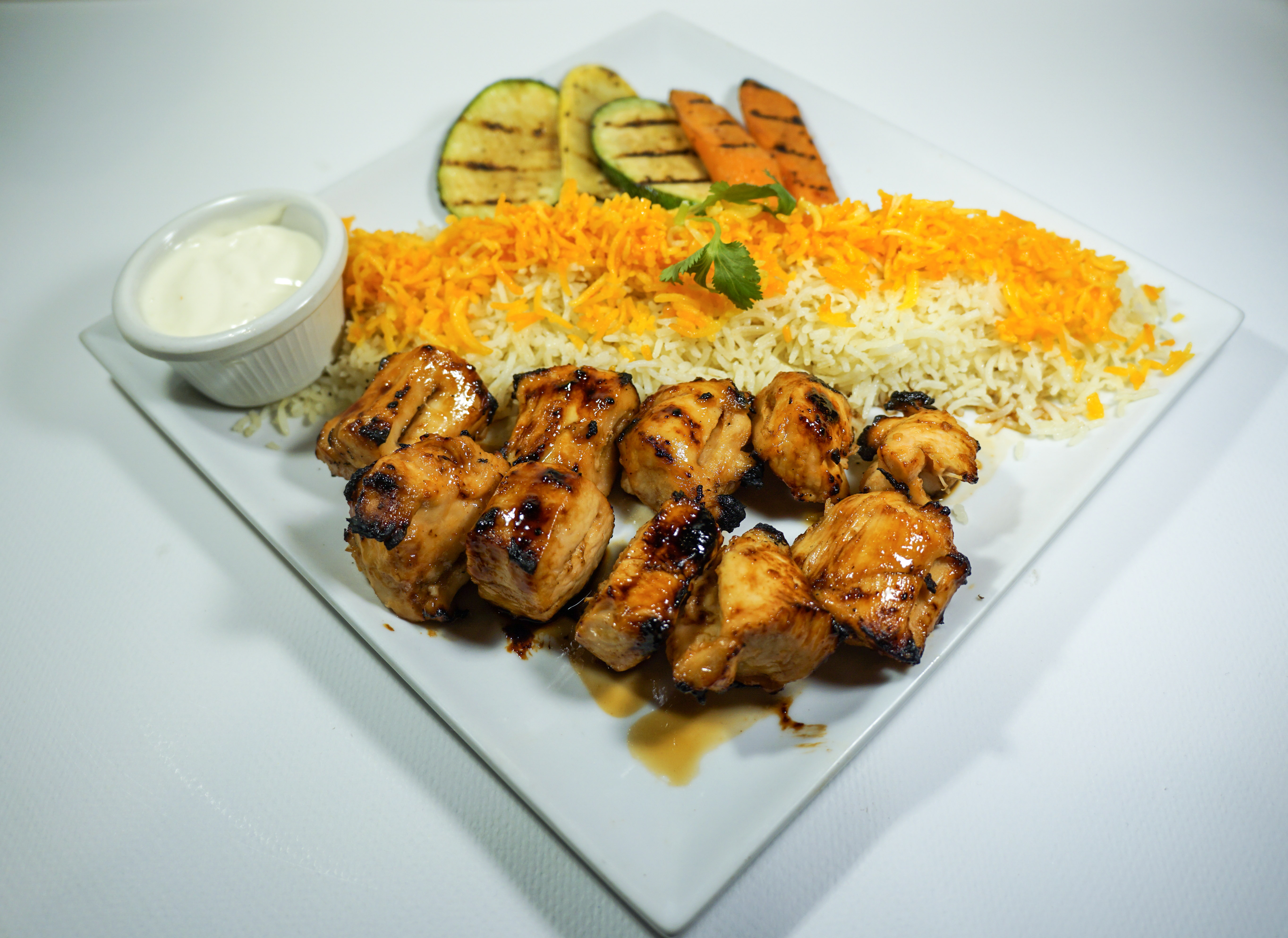 Order Shish Tawook Platter food online from Mezza Grille store, Houston on bringmethat.com