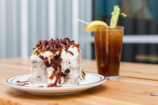 Order Giant Biscuit Cinnamon Roll with Bacon food online from Atomic Provisions store, Kansas City on bringmethat.com