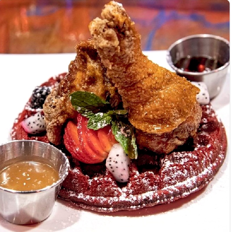 Order Belgian/Red Velvet Waffles and Double Dipped Fried Chicken food online from The Simpson Restaurant & Bar store, Brooklyn on bringmethat.com