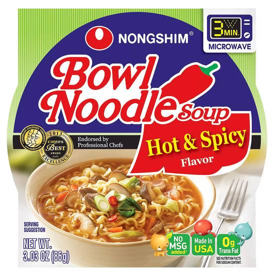 Order Nongshim Hot & Spicy Bowl Noodle Soup 3.03oz food online from Everyday Needs by Gopuff store, Lansdowne on bringmethat.com