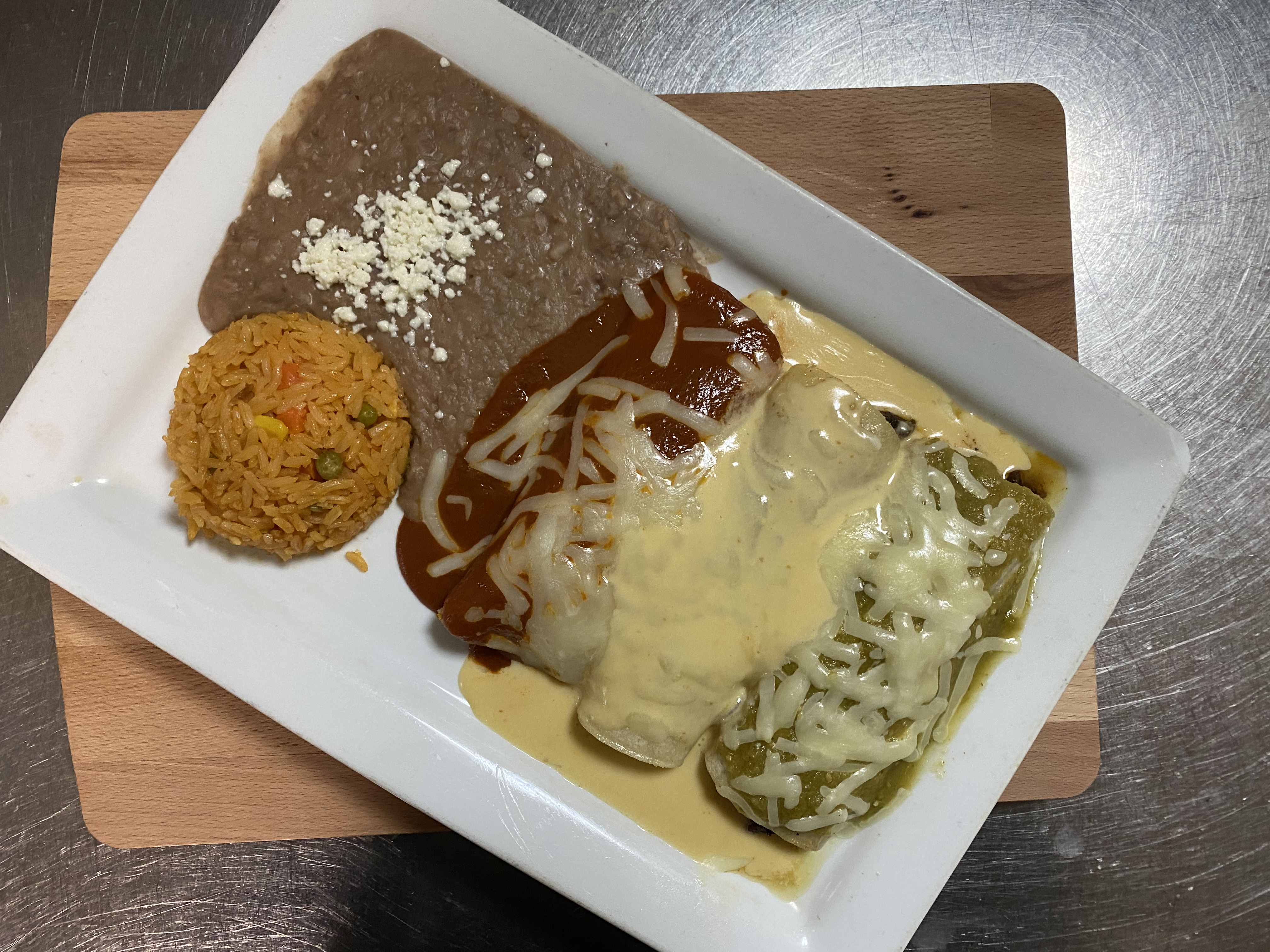 Order Three Colored Enchilada food online from El Molcajete Cocina Mexicana store, Edgewater on bringmethat.com