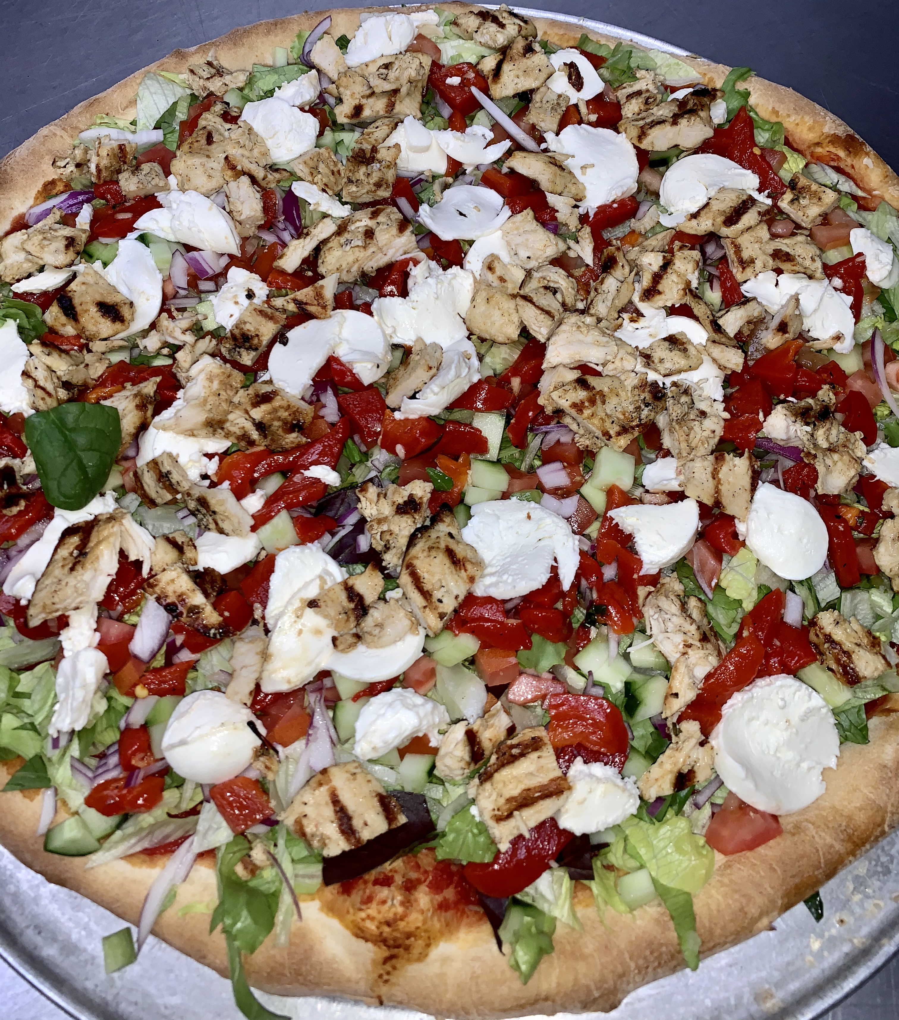 Order Salad Pizza with Roasted Peppers and Fresh Mozzarella food online from Calabria Pizza store, Shrub Oak on bringmethat.com