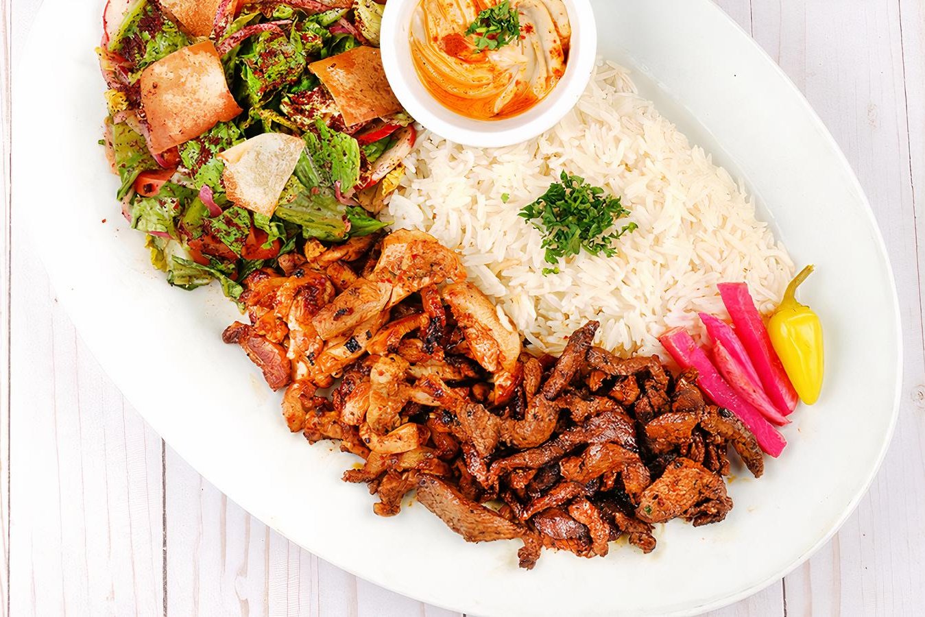 Order Chicken ＆ Beef Shawarma Combo Plate food online from Tarme Mediterranean Grill store, Glendale on bringmethat.com
