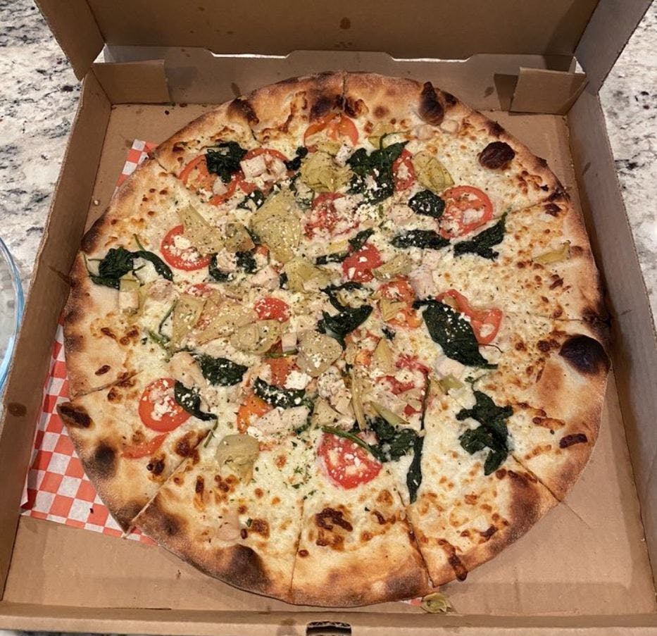 Order Greek Pizza - Medium 12" (8 Slices) food online from Goomba Pizza store, San Antonio on bringmethat.com