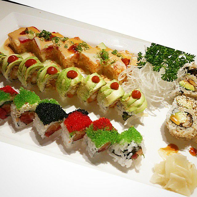 Order 7. Crunch Rainbow (Press Sushi) Roll food online from Maki Sushi store, Alpharetta on bringmethat.com