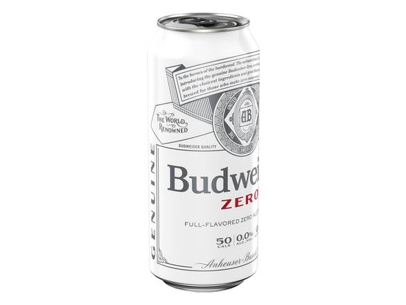 Order Budweiser Zero Full-Flavored Zero Alcohol Brew - 6x 16oz Cans food online from Corner Stop Dallas store, Dallas on bringmethat.com