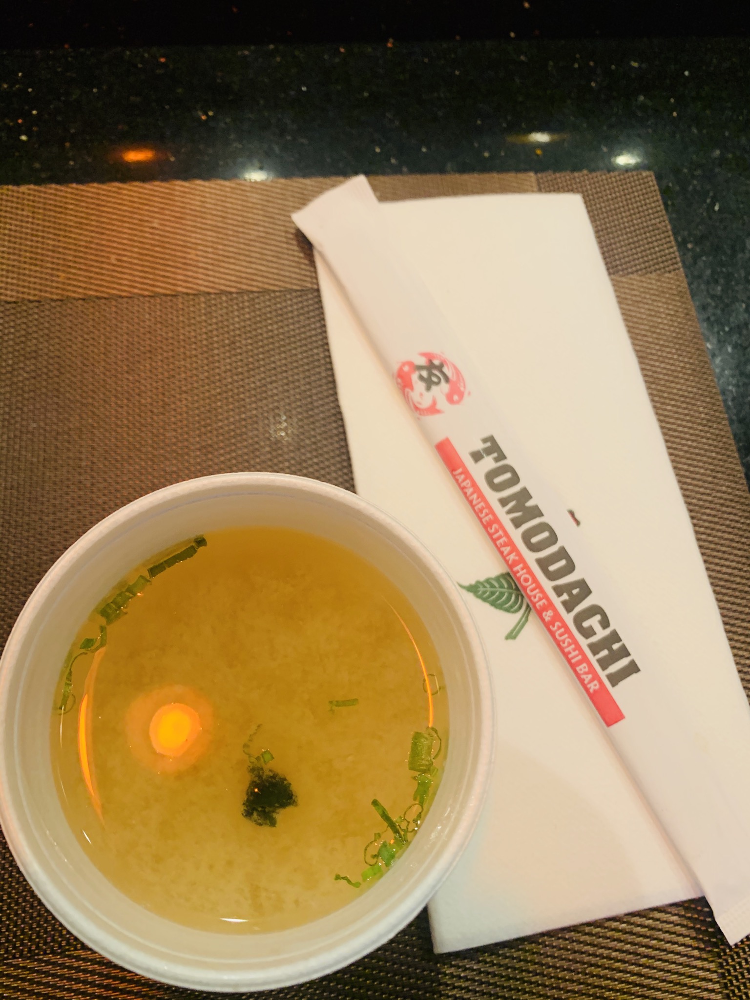 Order 1. Miso Soup food online from Tomodachi Japanese Steakhouse & Sushi Bar store, Royersford on bringmethat.com