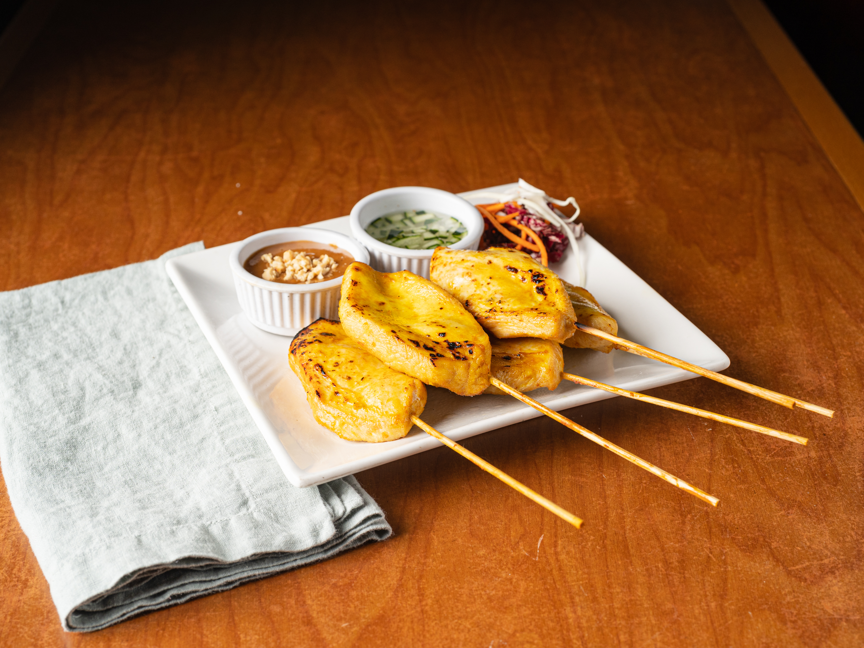 Order Chicken Satay (5 Pcs) food online from Buddha Cafe store, Boulder on bringmethat.com