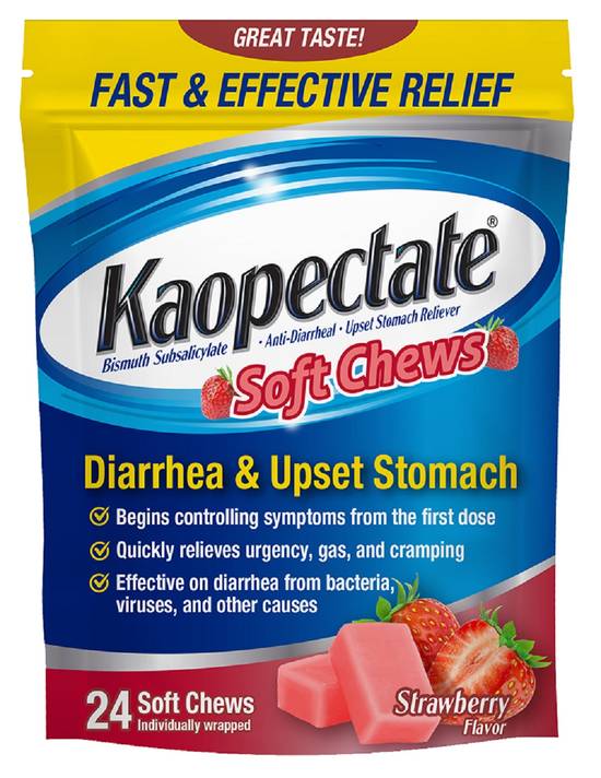 Order Kaopectate Anti-Diarrheal & Upset Stomach Reliever Soft Chews Strawberry Flavor (24 ct) food online from Rite Aid store, Bryan on bringmethat.com