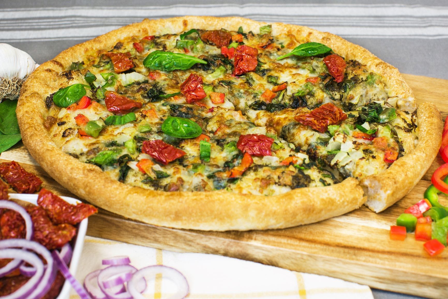 Order Pesto Veggie Pizza - Personal 8" food online from Sarpino S Pizzeria Elmhurst store, Elmhurst on bringmethat.com