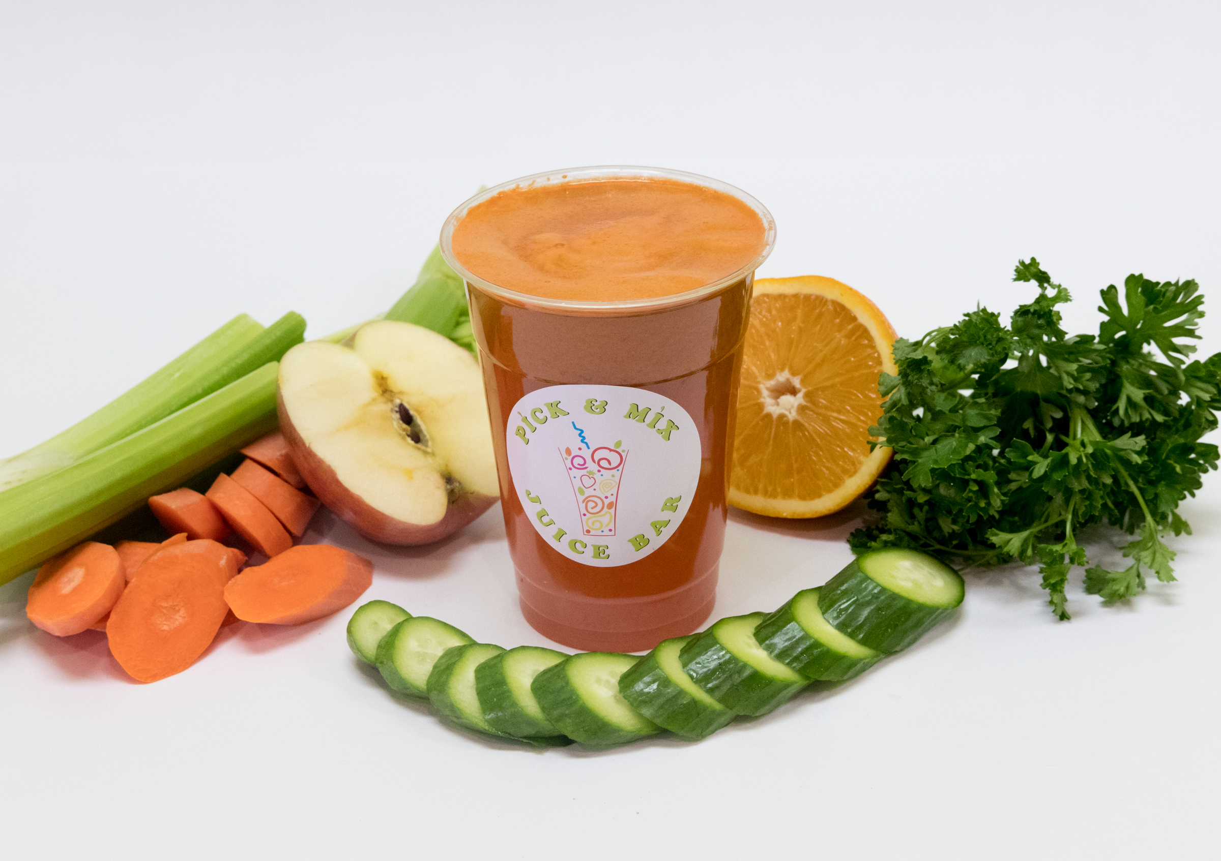 Order H6. Carrot, Celery, Cucumber, Apple, Orange and Parsley Juice food online from Pick & Mix Juice Bar store, Burbank on bringmethat.com