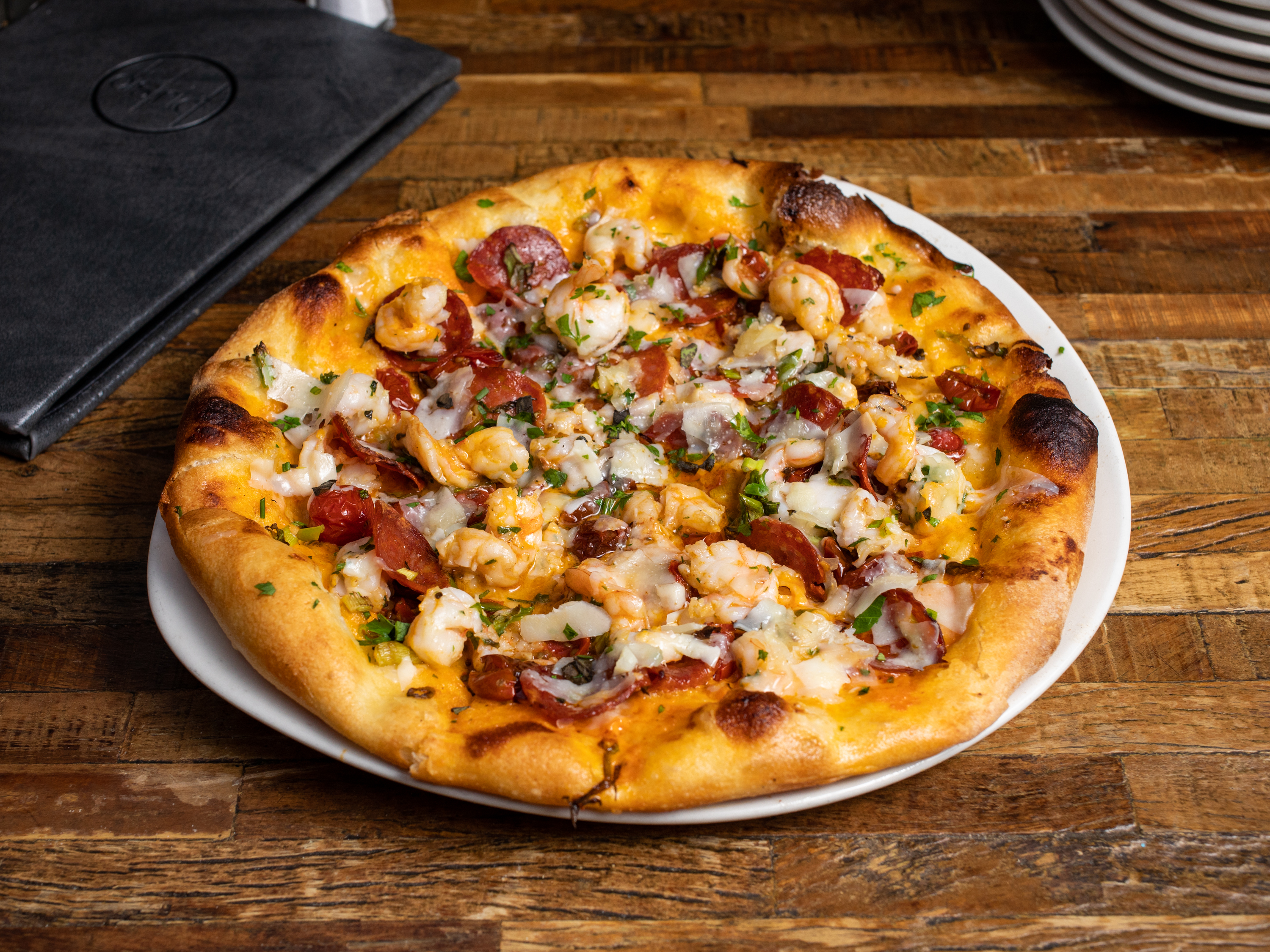 Order Shrimp and Chorizo Pizza food online from District store, Oakland on bringmethat.com