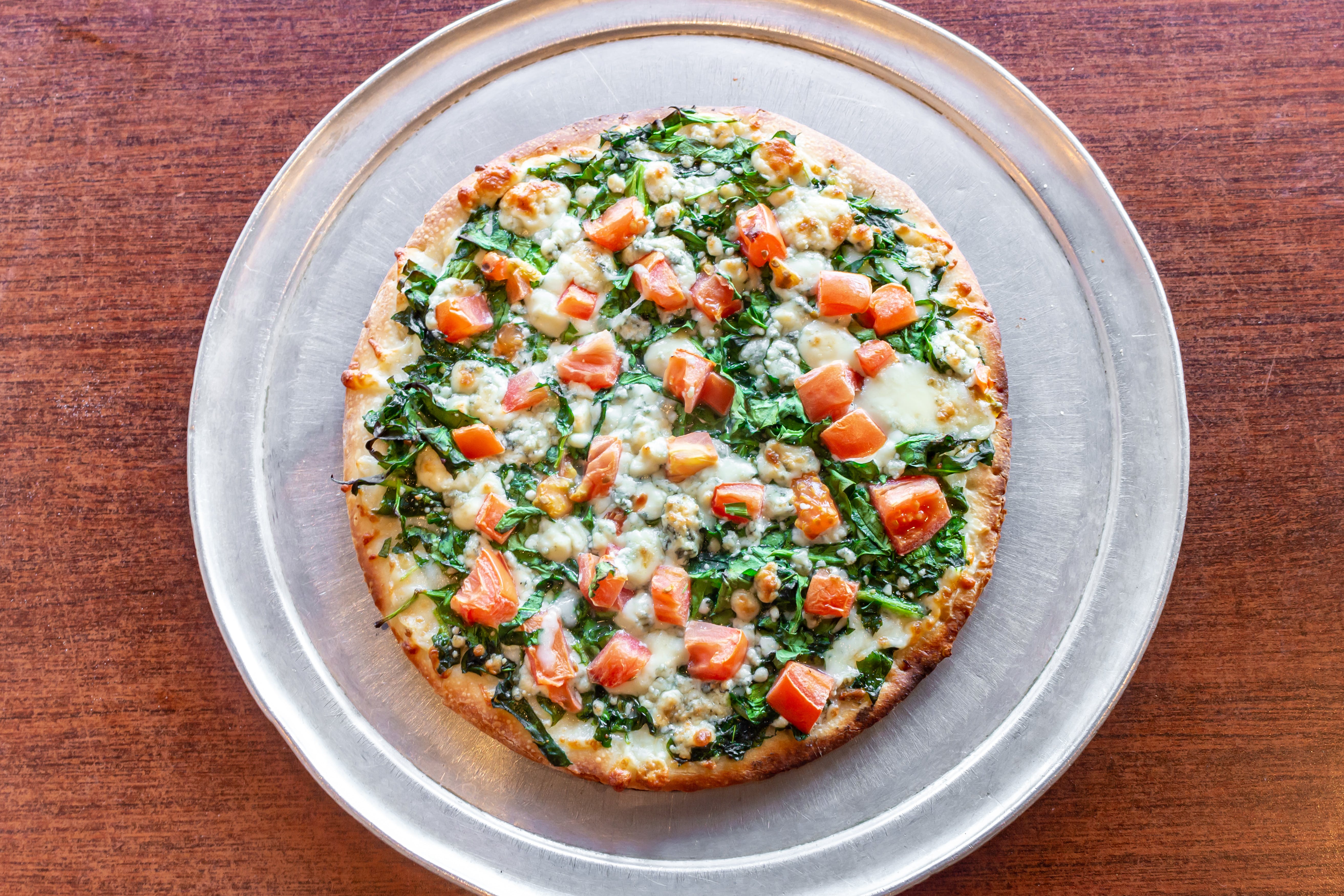 Order Personal Spinach Gorgonzola Pizza - 10'' food online from Sopranos Pizzeria store, New Milford on bringmethat.com