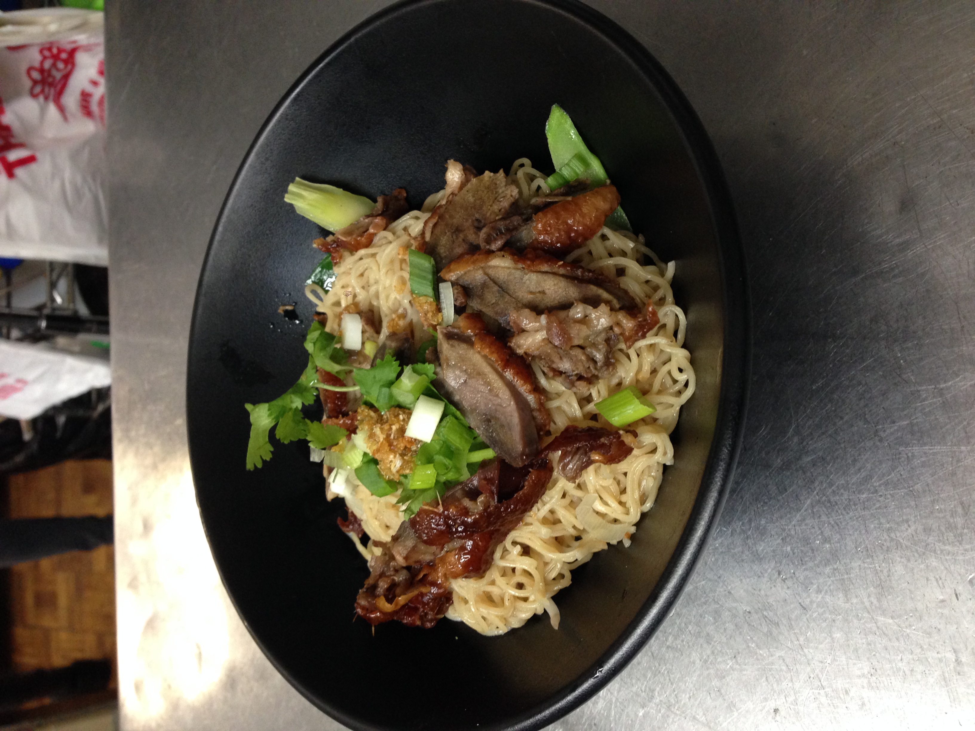 Order BBQ Duck Yellow Noodle food online from Thai Noodle King store, Bellflower on bringmethat.com