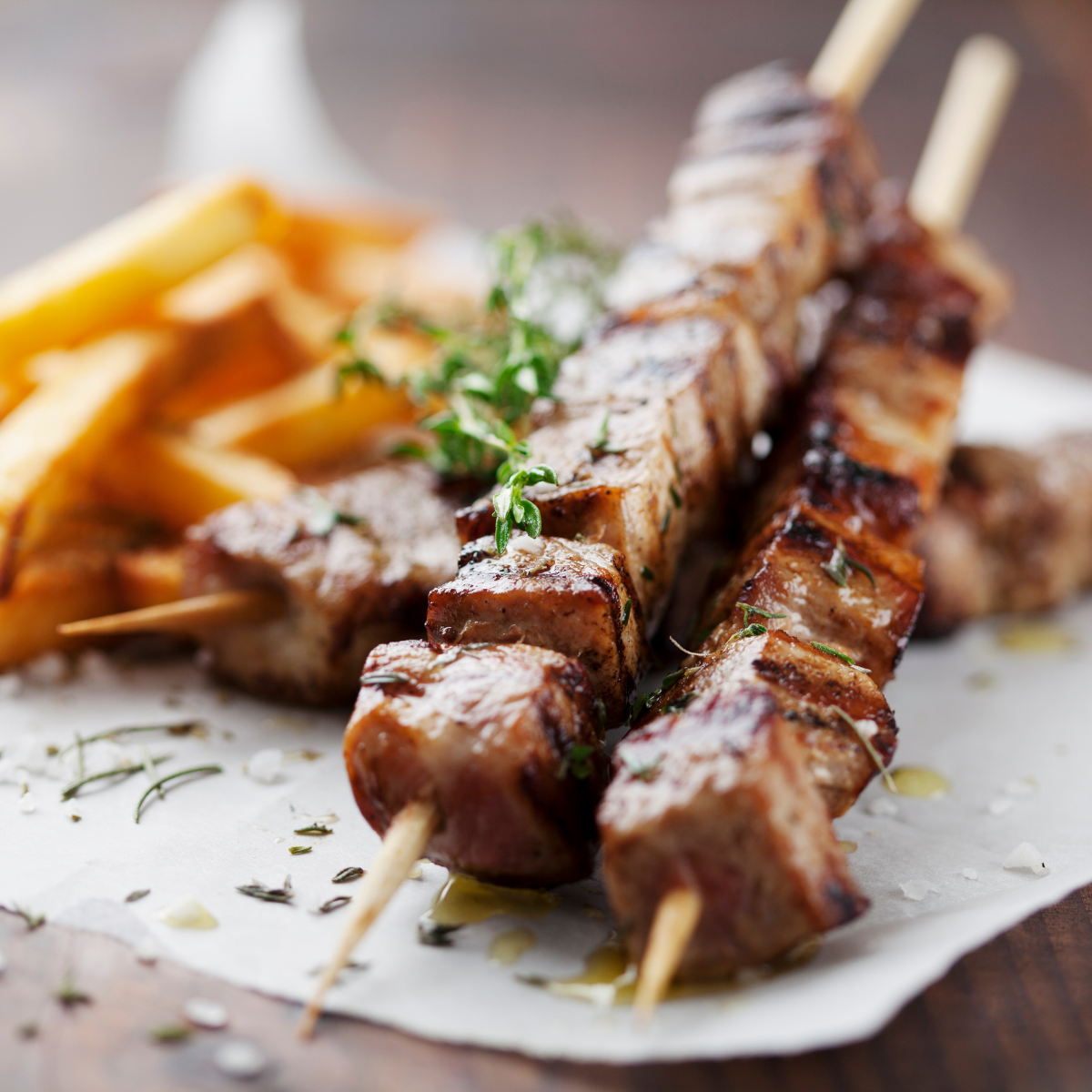 Order Pork Souvlaki - Plate food online from Gyro Jimmys store, Carle Place on bringmethat.com