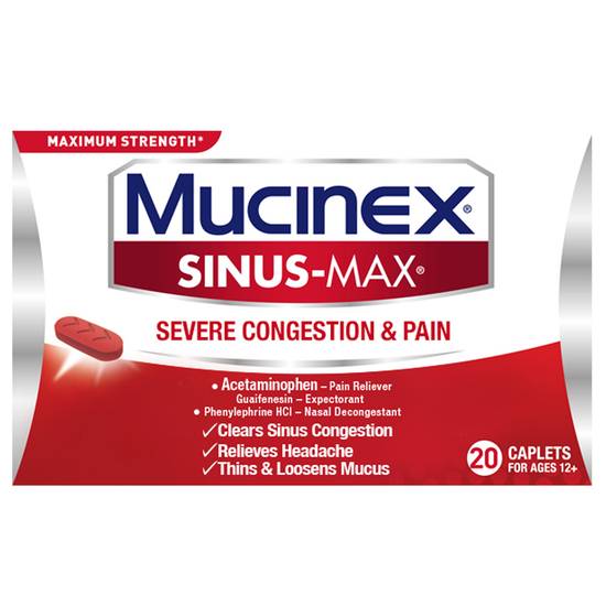 Order Mucinex Sinus-Max Severe Congestion Relief Caplets (20 ct) food online from Rite Aid store, Camden on bringmethat.com